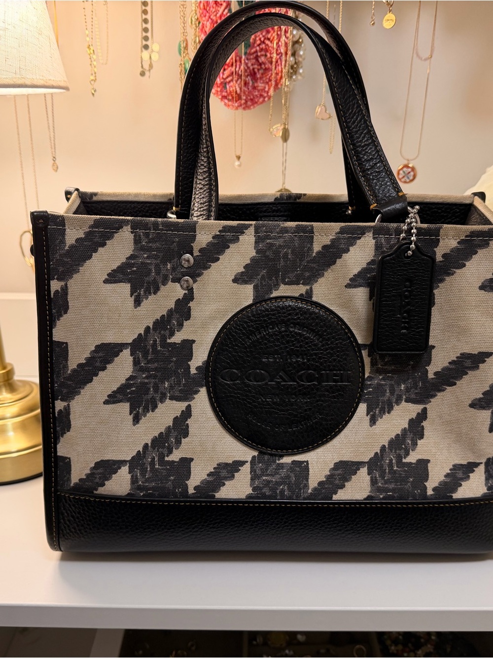 COACH Black and Cream Patterned Canvas Tote with Leather Trim